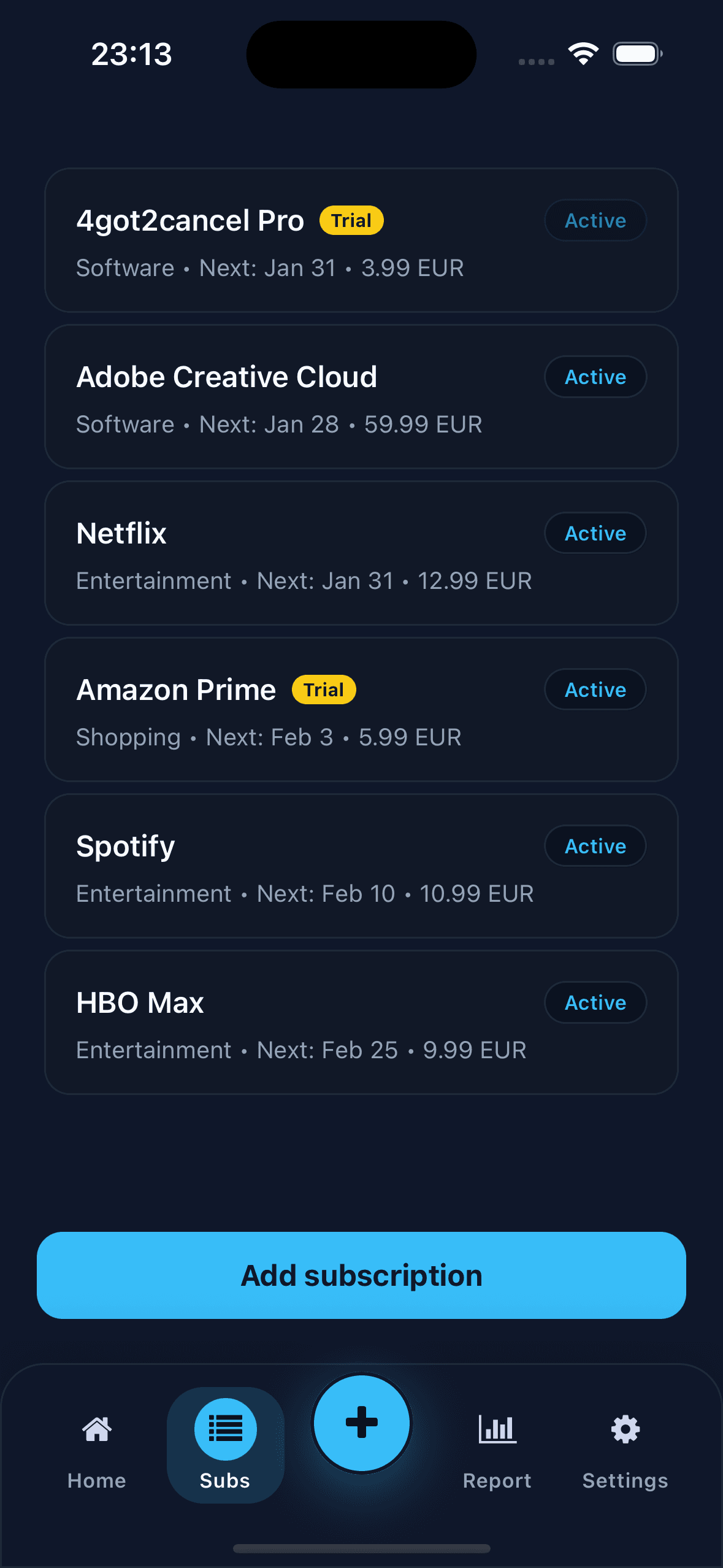 Add subscription screen